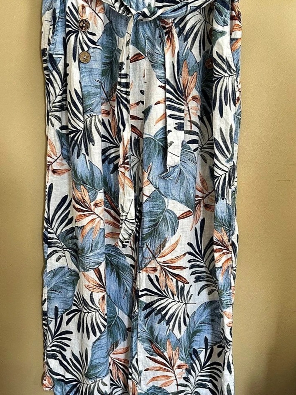 SPANER Linen Floral Wide Leg Pants in Blue & White Tropical print/ Paper bag wai